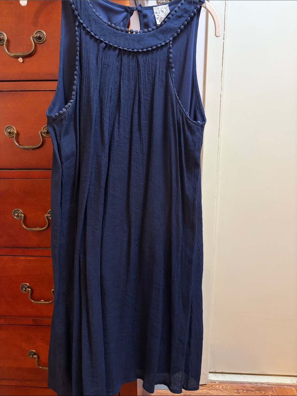 NAIF Navy Sleeveless A-Line Dress with Decorative Neck Trim